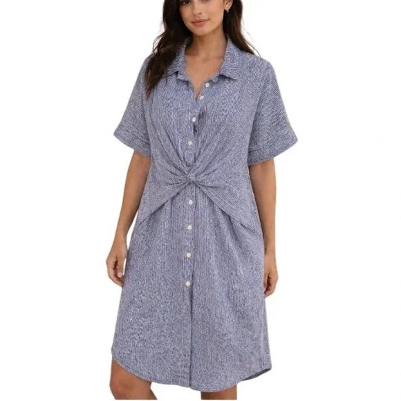 M Made in Italy Knot Front Shirt Dress Womens S Blue Striped Cotton Button Down - Picture 2 of 13